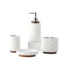 Bathroom Set 4 Pcs Toothbrush Holder Soap Dispenser Ceramic and Wood Bathroom...