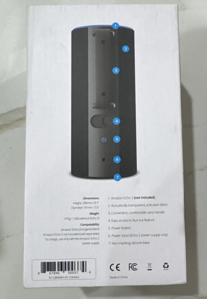 Ninety7 Sky 便携式电池底座适用于亚马逊 Echo 2 - 碳 — 第 3/3 张图片