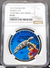 2010 TUVALU SILVER 1 DOLLAR HAWKSBILL SEA TURTLE NGC PF 69 ULTRA CAMEO TOP POP 1