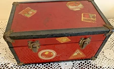 Vintage 1930's Red Metal Childs Toy Doll Steamer Travel Trunk w/Stickers 11X6X6"