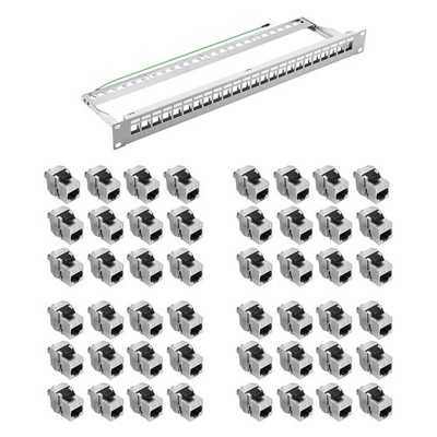 19 Zoll Patchpanel 24x Cat8.1 RJ45 Keystone Modul Verteilerfeld grau