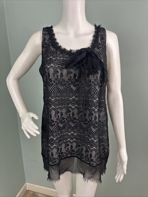 Cabi Women's Sleeveless Black Off-White Layered Floral Lace Top Sz Small