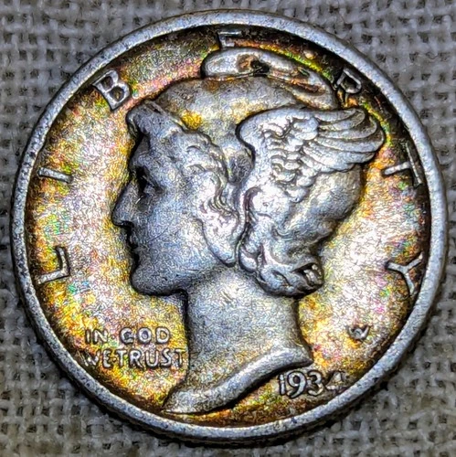 1934 Mercury Dime VF/XF : Rainbow Tone, Both Sides - .9 Fine Silver Coin