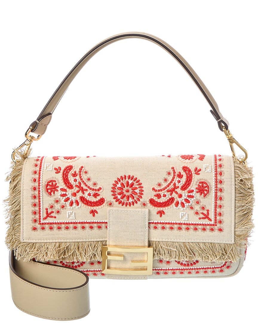 Fendi Baguette Canvas & Leather Shoulder Bag Women's White