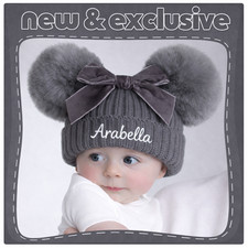 Embroidered GIANT 2 BOW POM POM Spanish Baby Girls Boys hat PERSONALISED 1-2YRS