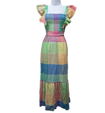 Gap Midi Dress Womens Small Linen Tiered Colorful Plaid Preppy Ruffle Cottage
