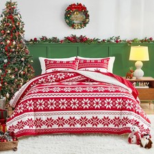 3pcs Christmas Fluffy Velvet Sherpa Comforter Set, Red and White Snowflake Cl...