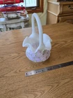 vintage Fenton custard satin glass basket with a ruffled top and hand-painted