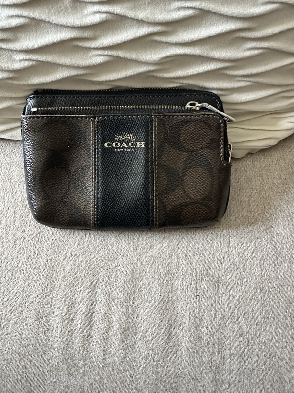 Coach New York Signature Double Zip Wristlet Wallet - Brown & Black w/Gold