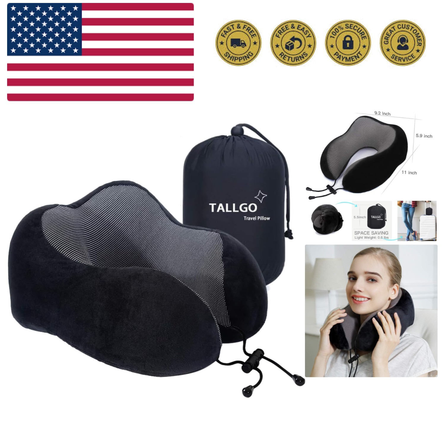 Travel Pillow, Best Memory Foam Neck Pillow Head Support Soft Pillow for Slee...-image