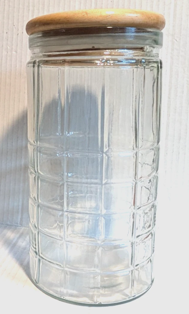 Vintage Glass 2 Quart Storage Jar with Wood Lid Waffle Checked 9.5" Tall - Mint