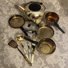 Vintage MCM Retro Child s Pretend Play Kitchen Set Gold Black Teapot Pans Utensi