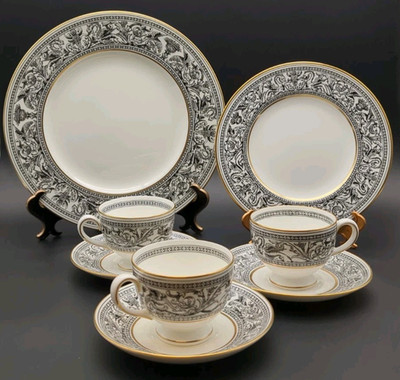 Wedgwood FLORENTINE BLACK W4312 Dinner, Salad Plate, 3 Leigh Cup & Saucer Sets