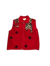 Women s Wool Vest Cat Print Fuzzy Embroidered Zip Up Vintage Medium