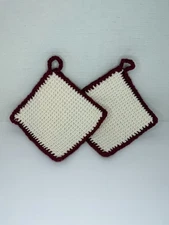 Handmade Crochet Pot Holders Ecru with Burgundy Borders Set of 2 NEW