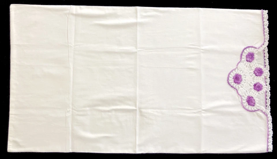 3 fundas de almohada de algodón estándar vintage con bordes de ganchillo púrpura y blanco (RF846) Foto 4 de 4