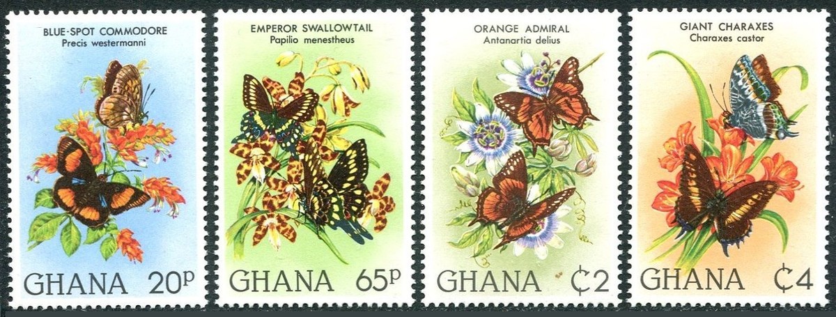Ghana様 Ghana 789-792,hinged. Mi 928-931. Butterflies,Flowers.Commodore