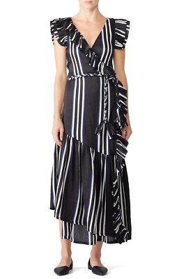 Apiece Apart Costa Del Sol Wrap Dress Sz0 Women Casual Striped Ruffled NEW