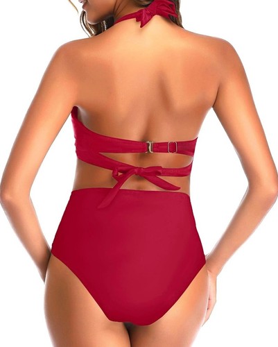 Medium 8-10 Women's Red Retro Ruched High Waist Bikini 2 Piece Set Tie & Hook - Picture 2 of 3