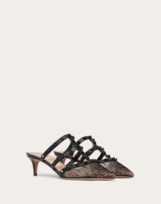 New Valentino Garavani Rockstud 50mm Lace Caged Mules Black