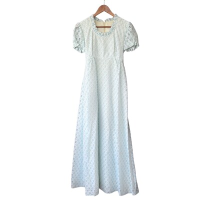 Vtg 70s Empire Waist Maxi Dress Aqua Blue Floral Lace Prom Bridesmaid XS S  | eBay