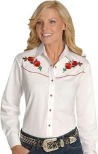 Ely Cattleman Women's Long Sleeve Western Shirt with Red Rose Embroidery White M