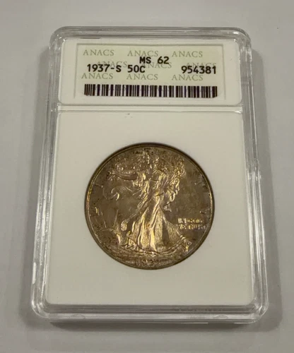 1937-S Walking Liberty Half Dollar ANACS MS62 in Old Soapbox Holder. Nice tone!