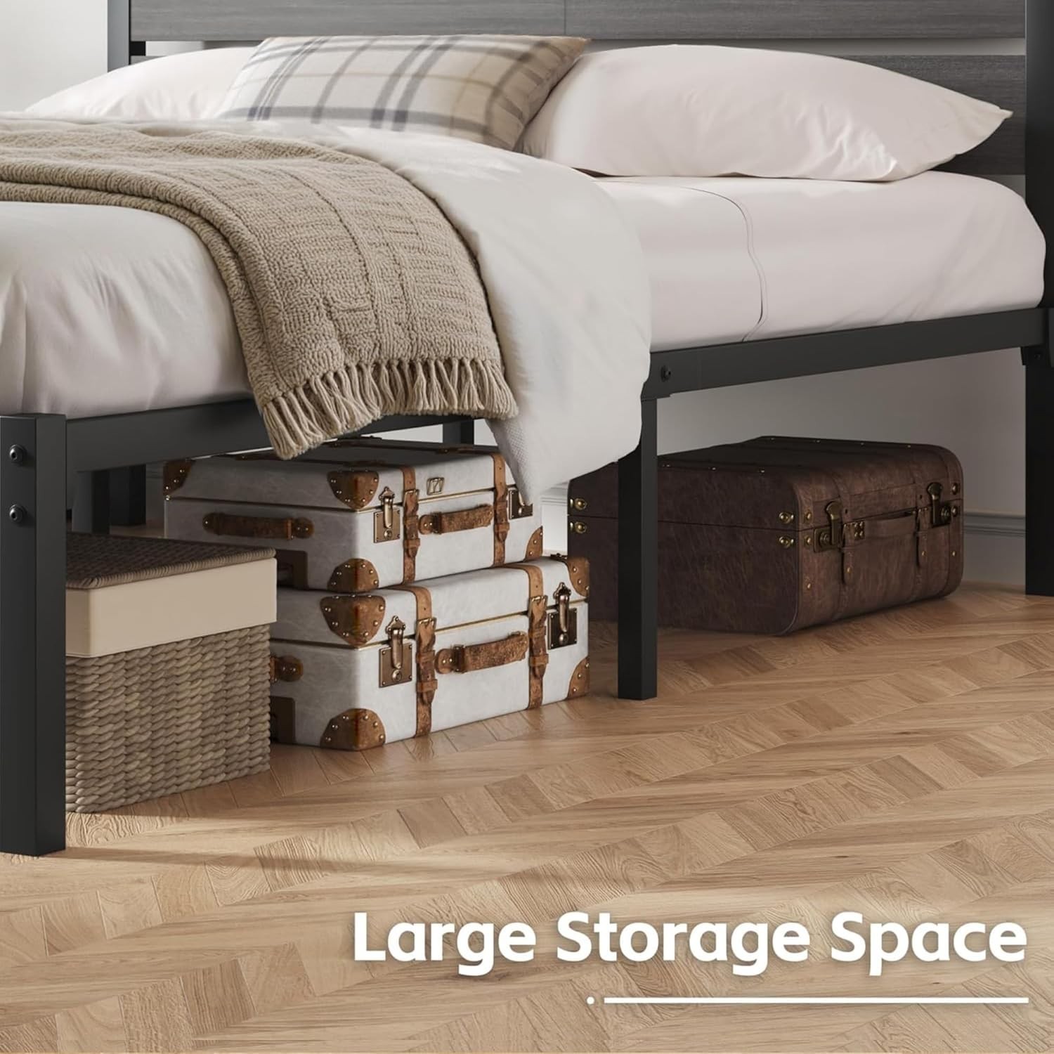 Queen Bed Frame with Headboard and Footboard, with under Bed Storage, All-Metal