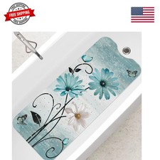 Turquoise Bath Mat for Tub Non Slip-40x16 Inch, Flower Bathtub Mat for Elde...