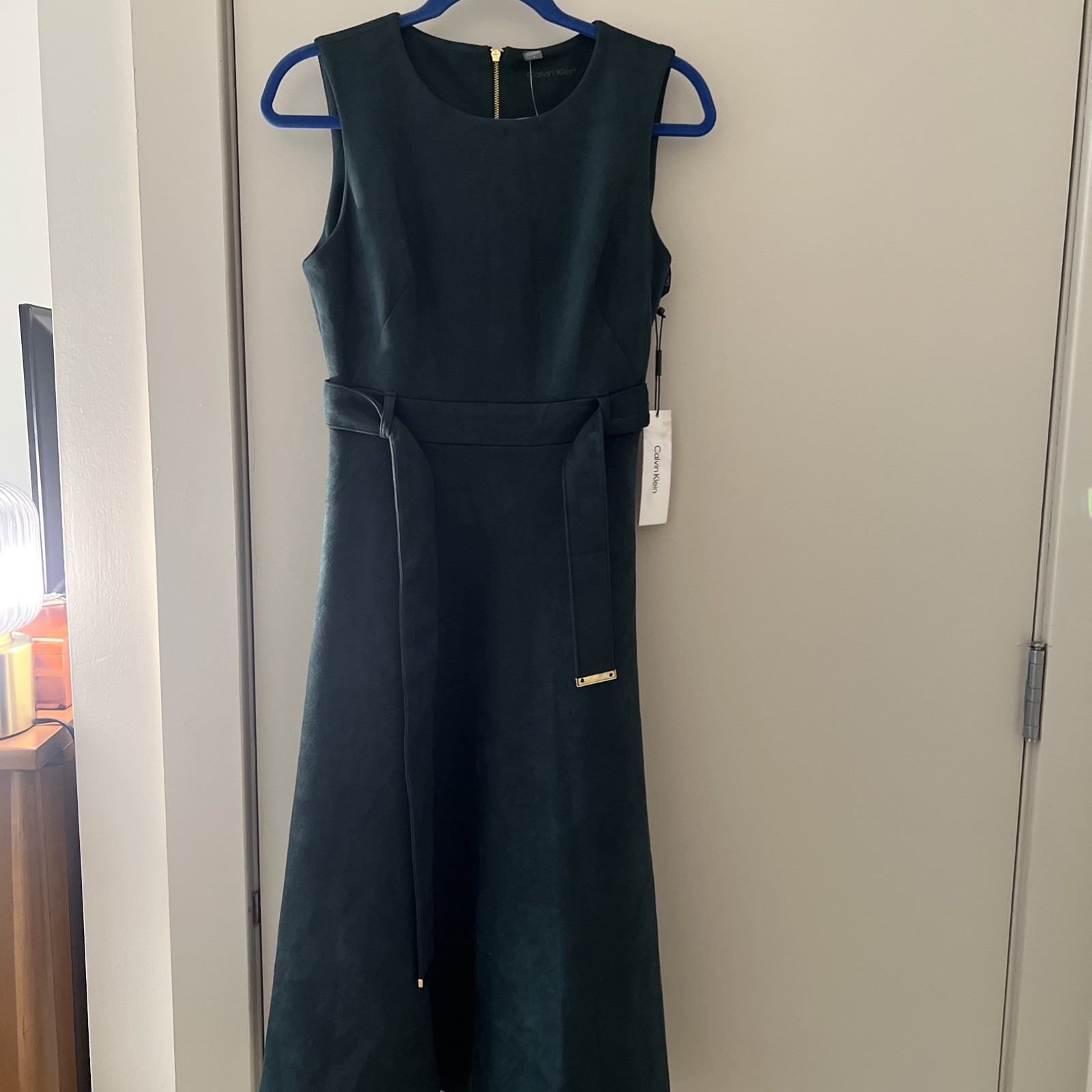Calvin Klein Sleeveless Midi A-Line Dress Green Belted Sz6 NWT Orig: $134