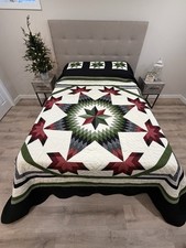 New Amish Quilt Feathered Star - 103x116 Christmas Colors - Red Green Black