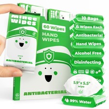 Travel Antibacterial Hand Wipes 99 Water Aloe Sensitive Skin Kids 10 Pack 60