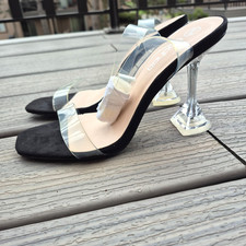 boohoo Clear Strap Heeled Sandals Black Sole Transparent PVC Strappy Heels 6/39