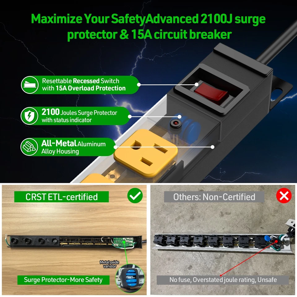 8-Outlet Metal Heavy Duty Surge Power Strip,6FT 14AWG Cord ETL Listed - Image 2 of 4