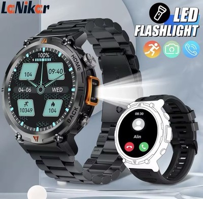 LaNikar 2025 Smart Watch Black Stainless Steel Band Bluetooth Touch Screen LED