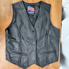 Snap Button Black Leather Braided Detailed Leather Vest Medium