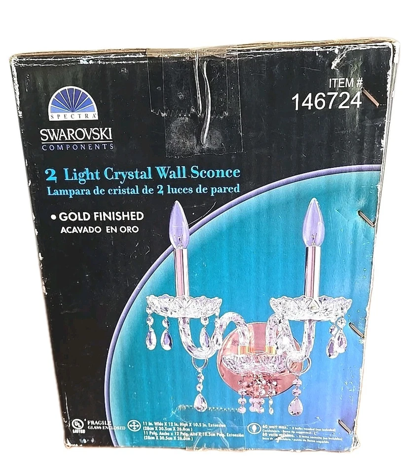 NIB Swarovski Crystal Prisms Spectra 2 Light Wall Sconce Gold Base Lamp 146724 - Image 3 of 4