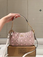 C.oach Nolita Teri Khaki Pink Heart Print Canvas Bag Purse Wristlet NEWT