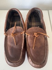 LL Bean Men's Brown Leather Handsewn Slippers 11 Medium Flannel Lined Slip On