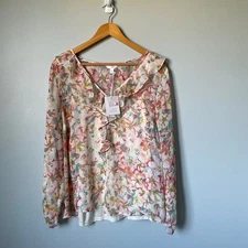 LC Lauren Conrad Blushing Bouquet Floral Ruffle V Neck Sheer Blouse Top Size L
