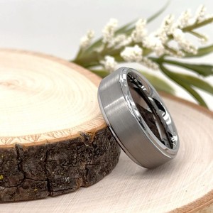 Silver Tungsten 8mm Engraved Ring Center Brushed With Polished Edges modern Band