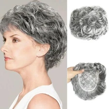 Short Grey Fluffy Wavy Curly Hair Wiglet Topper Human Hair Replacement for Women