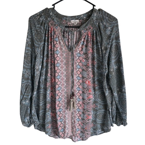 Mason & Belle Boho Peasant Blouse Tassel Tie Womens M Mixed Print Long Sleeve - Picture 1 of 11