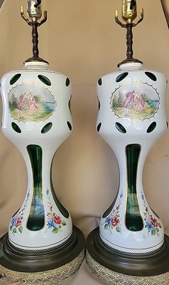 Pair Of Antique Moser Bohemia Emerald Green Overlay Hp Lamps STUNNING 26''