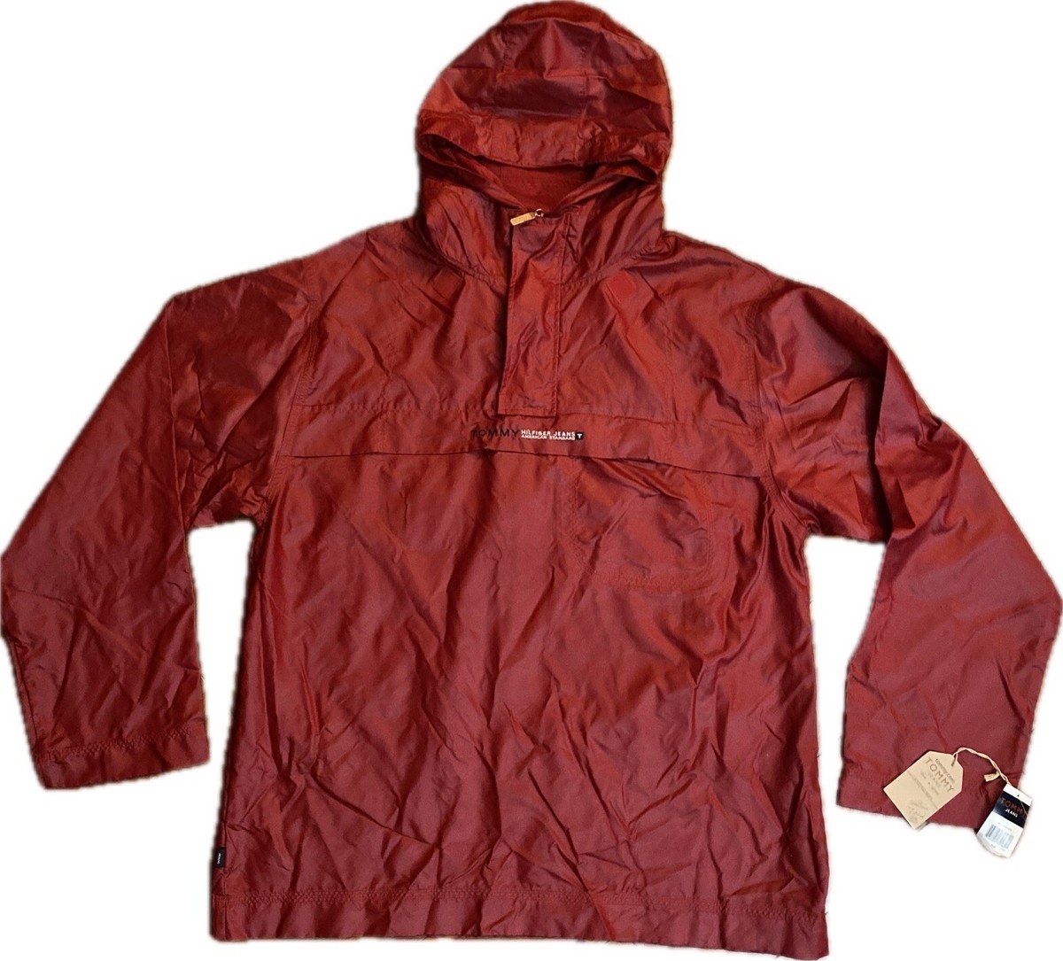 VTG Y2K Tommy Hilfiger Jeans Hooded Rain Jacket Men L Red 1/4 Zip