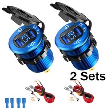 2 Car Cigarette Lighter Socket Plug Aluminum Dual USB Port LED Voltmeter 12V-24V