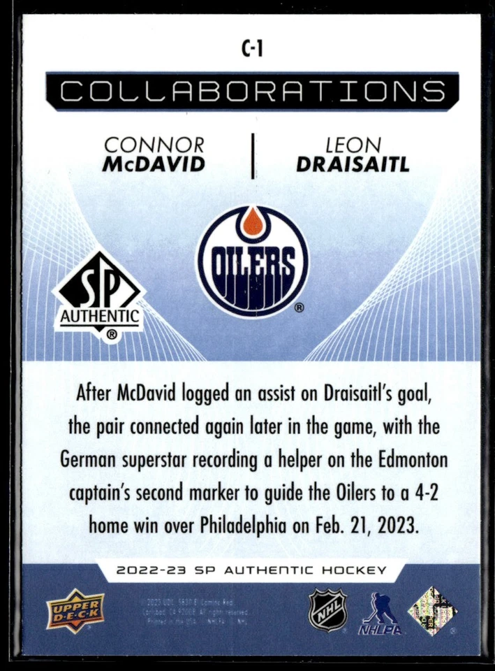2022-23 SP Authentic Collaborations blue Connor McDavid / Leon Draisaitl #C-1 - Image 2 of 2