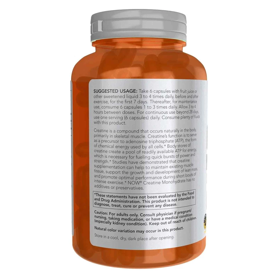 Monohidrato de creatina NOW 750 mg 240 cápsulas vegetales, construcción masiva, producción de energía Foto 3 de 4