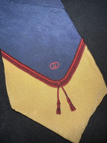 Vintage Men’s Gucci GG Tie Horsebit Pattern Navy Blue Logo Equestrian Neck