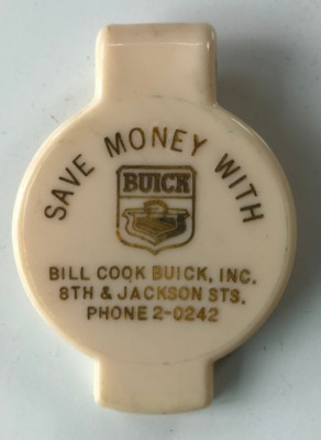 Vintage 1930'S Buick Plastic Money Clip  ''SAVE WITH BILL COOK BUICK, INC''